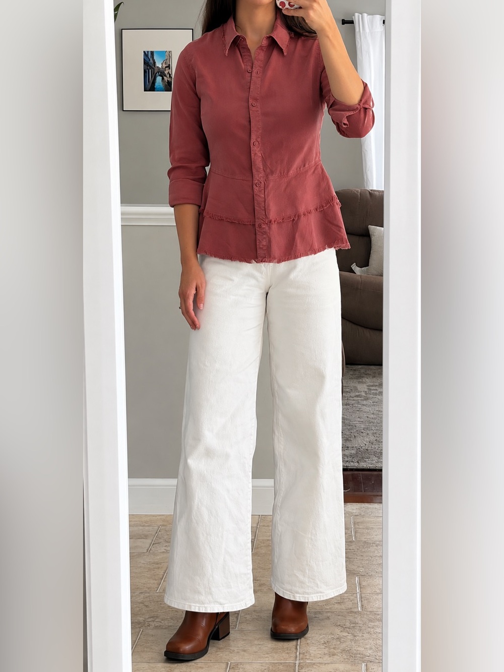 Anthropologie cloth & stone Rust Red Frayed Peplum Button-Up Top XS
